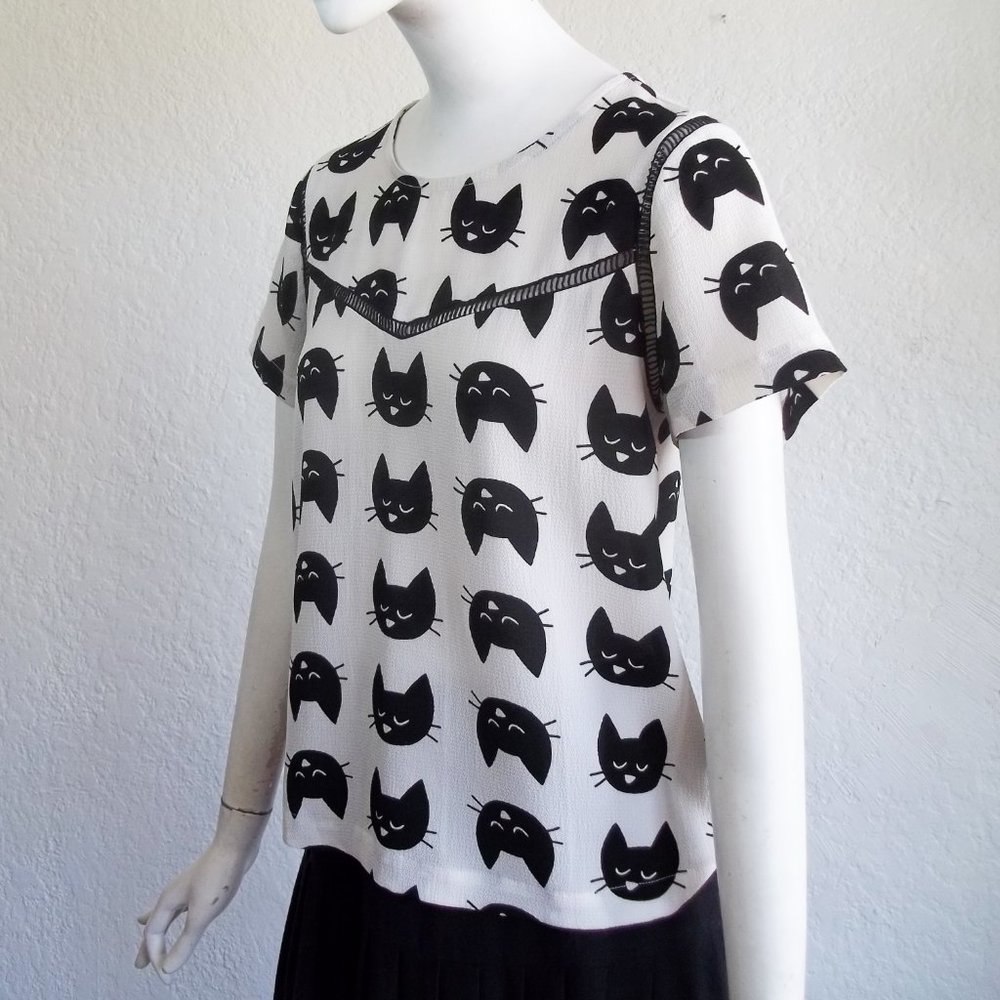 Lily White Black Cat Kitschy Novelty Print w Ladder Stitch Trim Crepe Blouse S - Picture 4 of 11